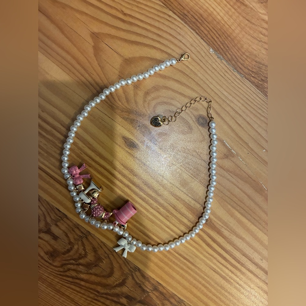Betsey Johnson Pink baby cakes Faux Pearl Necklace rhinestones, baking charms